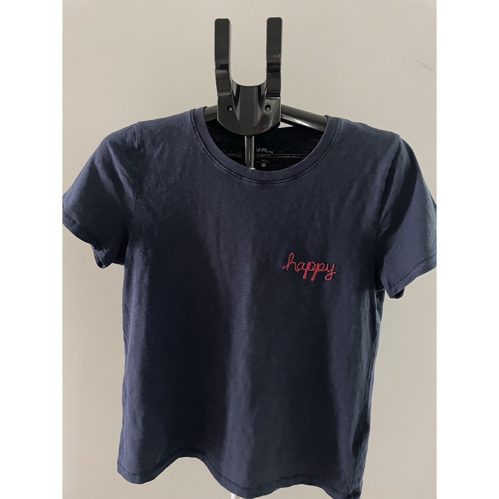 J. Crew Womens Size M Navy Blue Embroidered Happy Script Short Sleeve Tshirt